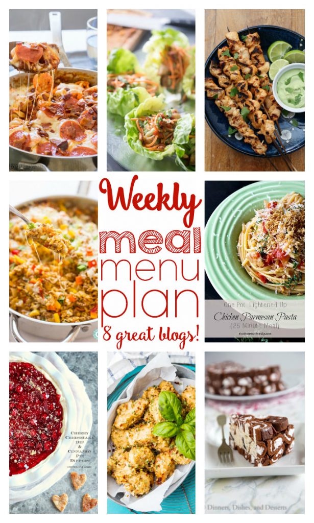Weekly Meal Plan collage graphic containing images of pastas, lettuce cups, skewers, cherry dip, and cake