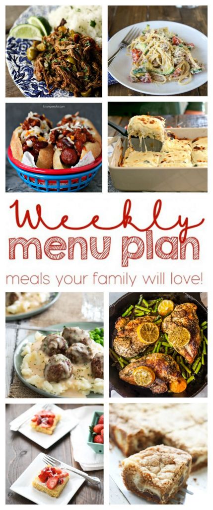 8 top bloggers brining you a great meal plan for the week.  6 dinner recipes and 2 desserts for a quick, easy, and delicious week!