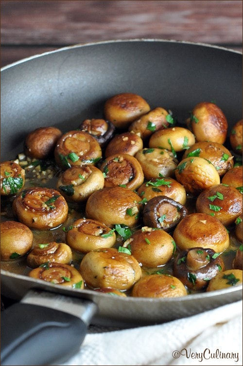 Sauteed Mushrooms with Garlic and Lemon Pan Sauce in a skillet.