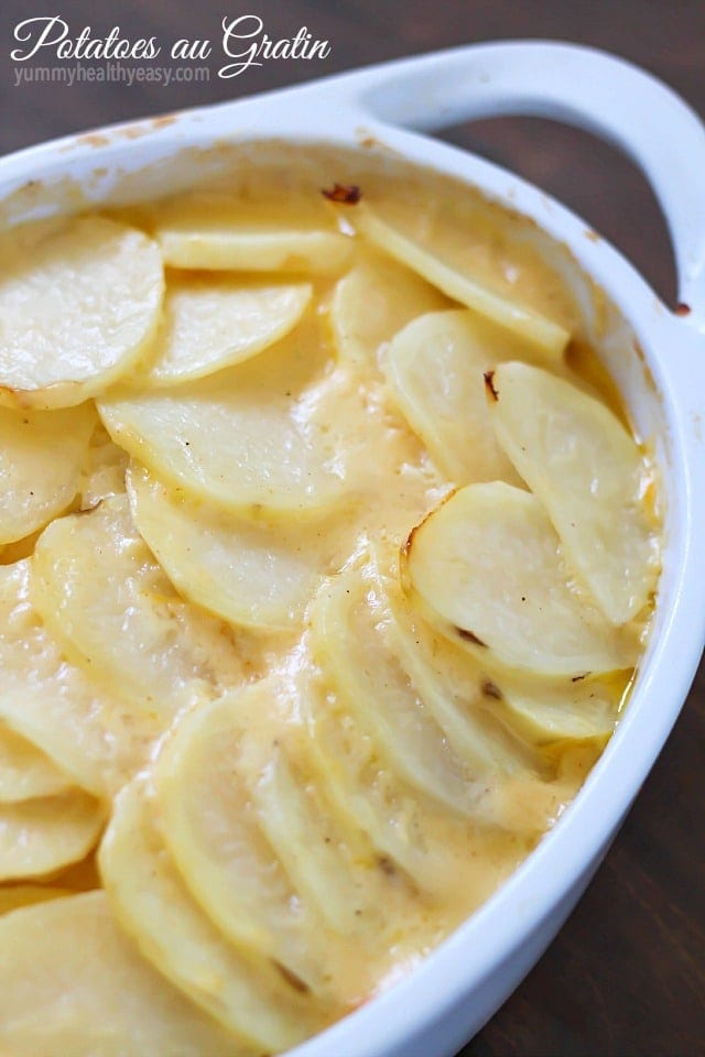 Cheesy Potatoes Au Gratin in a casserole dish.