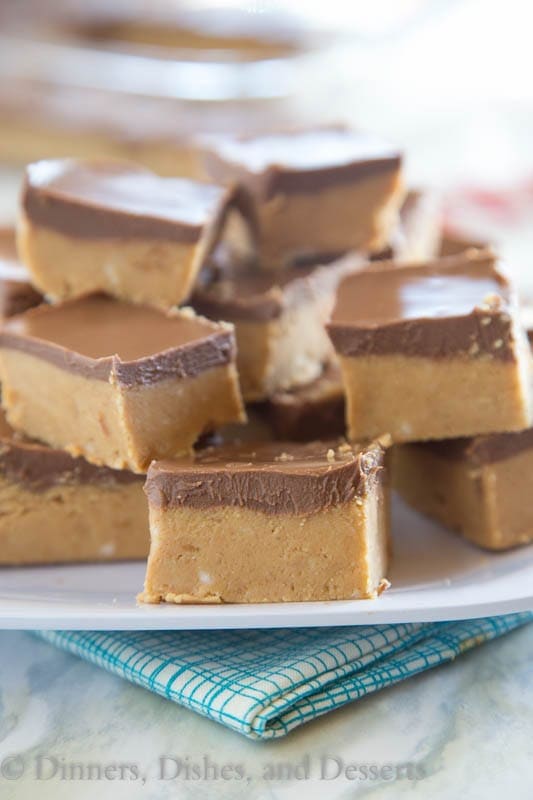 Reese's Fudge - a layer of creamy peanut butter fudge topped with melted chocolate and peanut butter. And easy no bake recipe that is down right addicting!