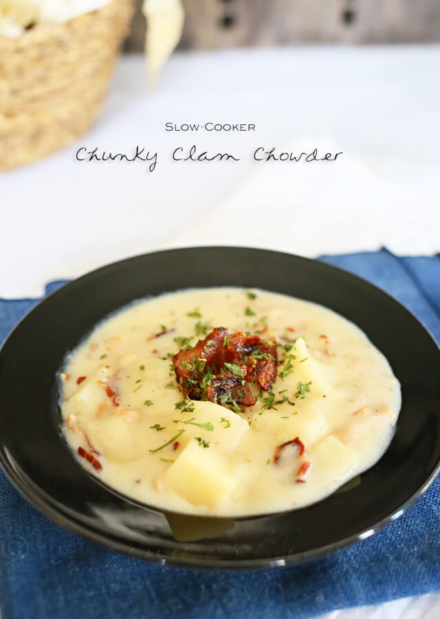 Slow Cooker Clam Chowder in a black bowl.