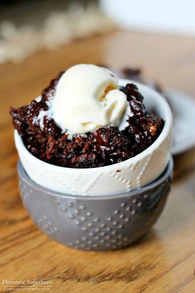 Slow Cooker Chocolate Lava Cake in a bowl with ice cream.