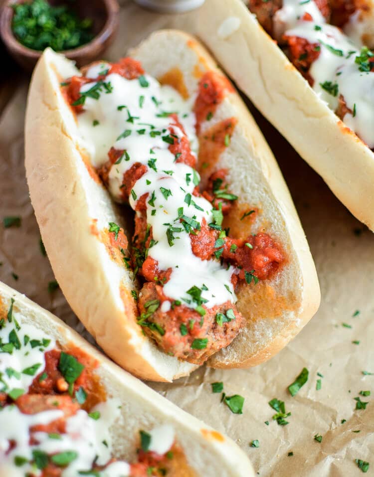 Slow Cooker Meatball Subs with Parmesan, White Cheddar Queso .