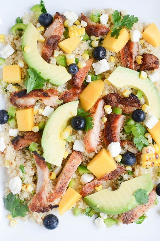 Blackened Chicken & Quinoa Salad on a white plate.