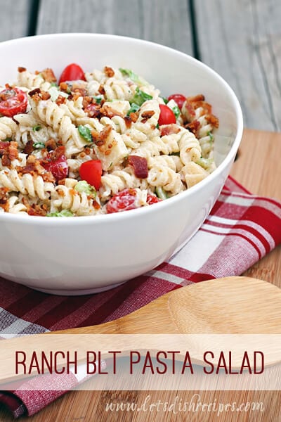 Ranch BLT Pasta Salad in a white bowl.