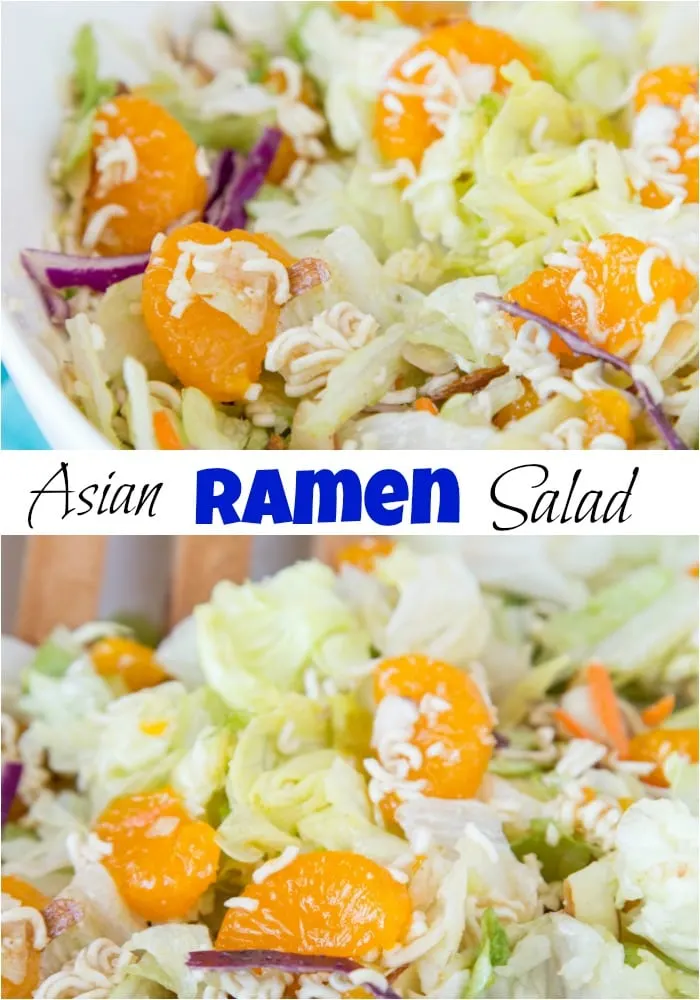 Asian Salad - the classic Asian ramen noodle salad using a homemade dressing - no seasoning packet necessary!  Quick, easy, and great with any meal. #salad #recipe #asiansalad #potluck