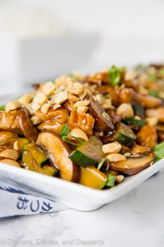 close up of kung pao chicken on a plate