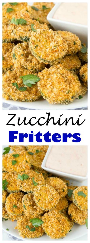 Zucchini Fritters - zucchini coated in taco seasoning breadcrumbs and baked until crispy! Served with a creamy salsa dipping sauce.