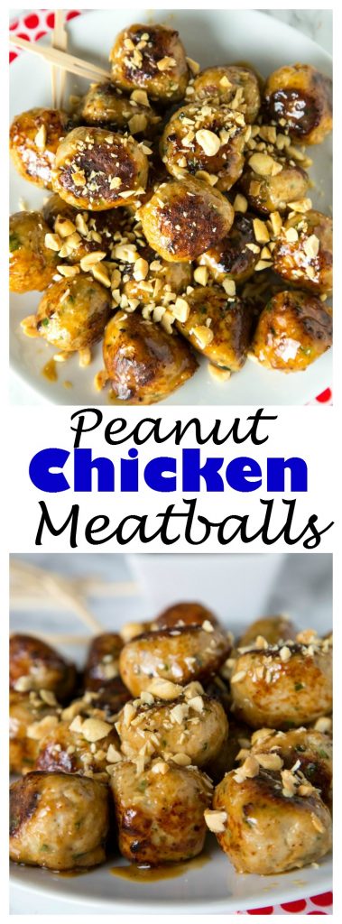 Chicken Meatballs with Peanut Sauce - tender chicken meatballs flavored with cilantro and garlic topped with a peanut sauce and chopped peanuts.