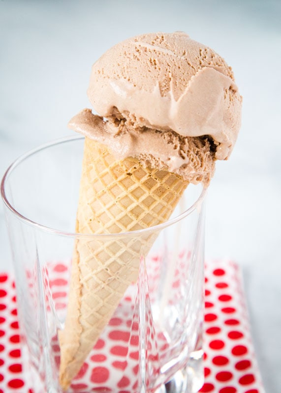 homemade nutella ice cream in a sugar cone