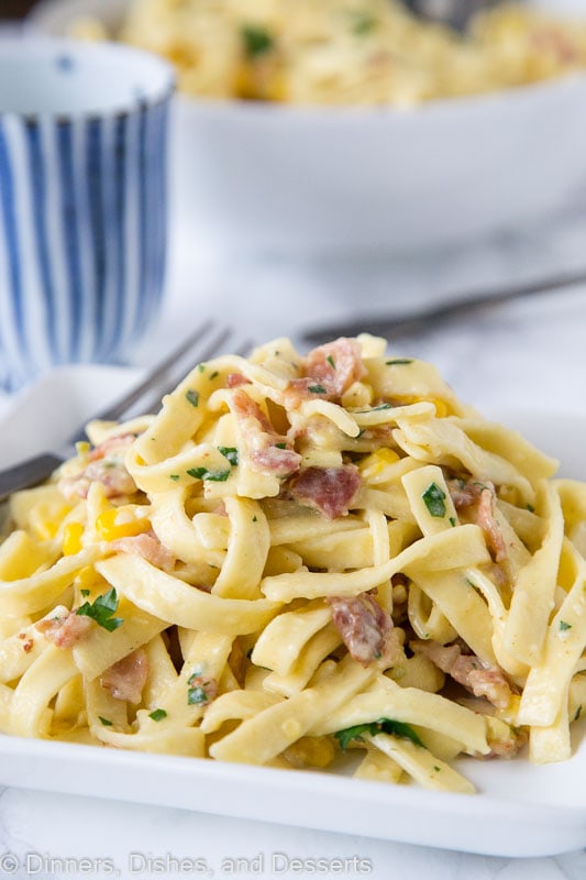 Pasta Carbonara with Corn and Chiles - Creamy carbonara pasta with bacon, fresh corn, and jalapenos. A little spicy, smokey, and oh so delicious!
