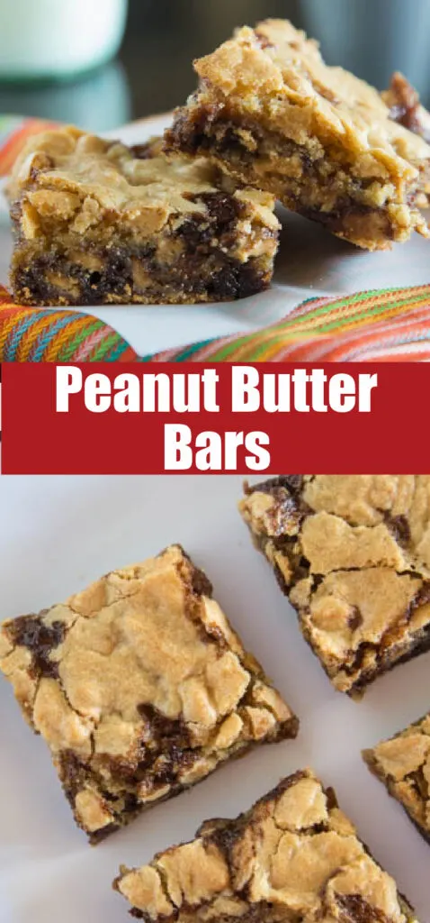 peanut butter bars with peanut butter chips and chocolate syrup