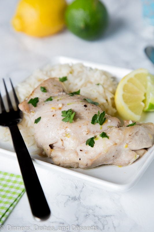 citrus garlic chicken with coconut lime rice on a plate