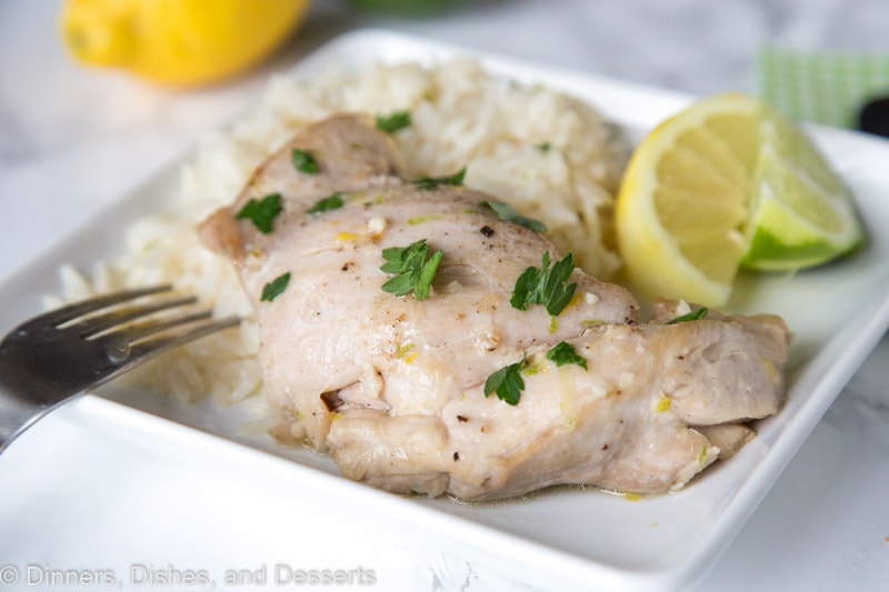 citrus garlic chicken with coconut lime rice on a plate