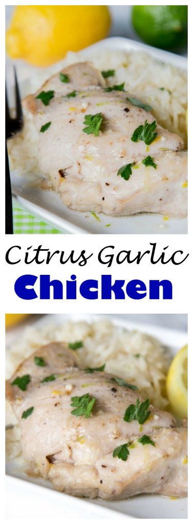citrus garlic chicken with coconut lime rice on a plate close up