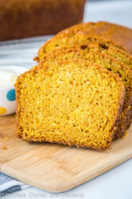 Moist and tender slice of pumpkin bread. Full of all the fall spices you love.