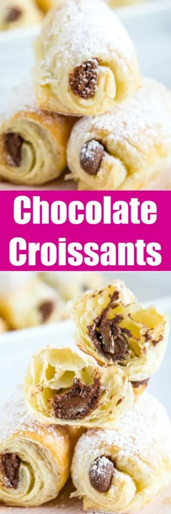 Easy Chocolate Croissants - Use store bought puff pastry to make these flaky homemade croissants filled with chocolate in no time. 