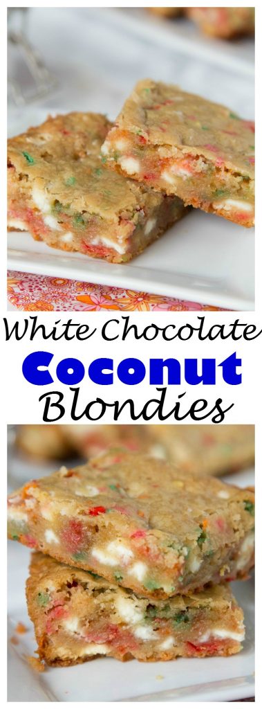 Coconut White Chocolate Blondies - traditional blondies loaded with lots of white chocolate chips, sprinkles, and made with coconut oil instead of butter!