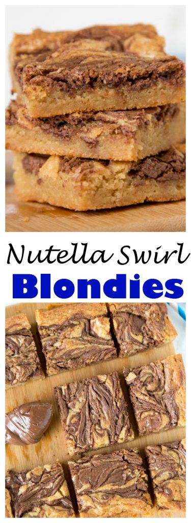 Nutella Swirl Blondies - Quick and easy blondies made in one bowl with a swirl of Nutella. All that buttery and brown sugar taste you love with an extra touch of chocolate. 