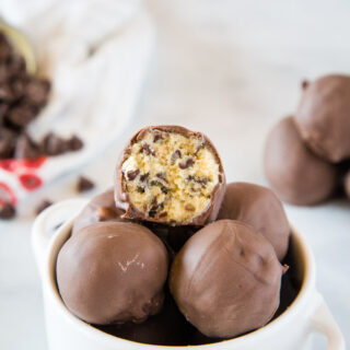 A bowl of cookie dough truffles with Cookie