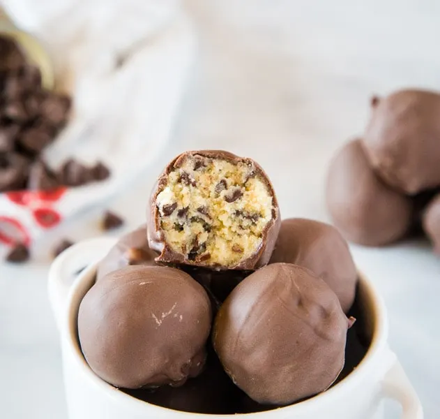 A bowl of cookie dough truffles with Cookie