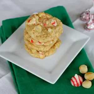 hersheys peppermint macadamia nut oatmeal cookies on a plate
