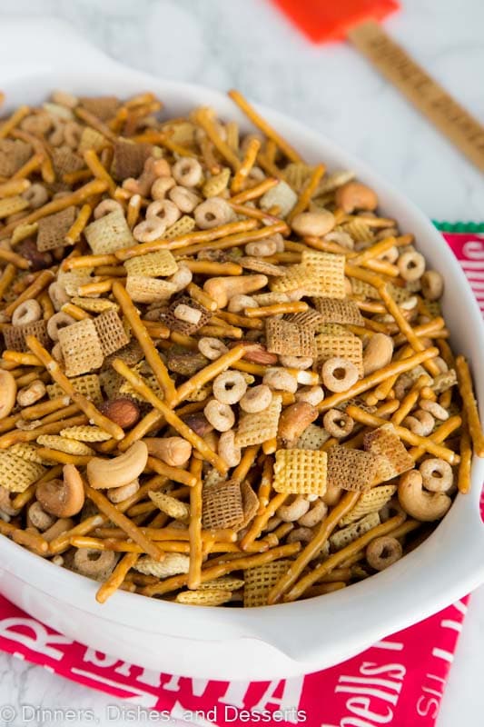 A basket chex party mix, with Party and Chex