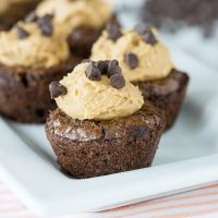 A close up of brownies topped with peanut butter and chocolate chips