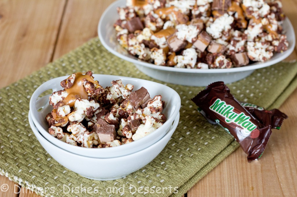 Milky Way Popcorn in white bowl with green placemat