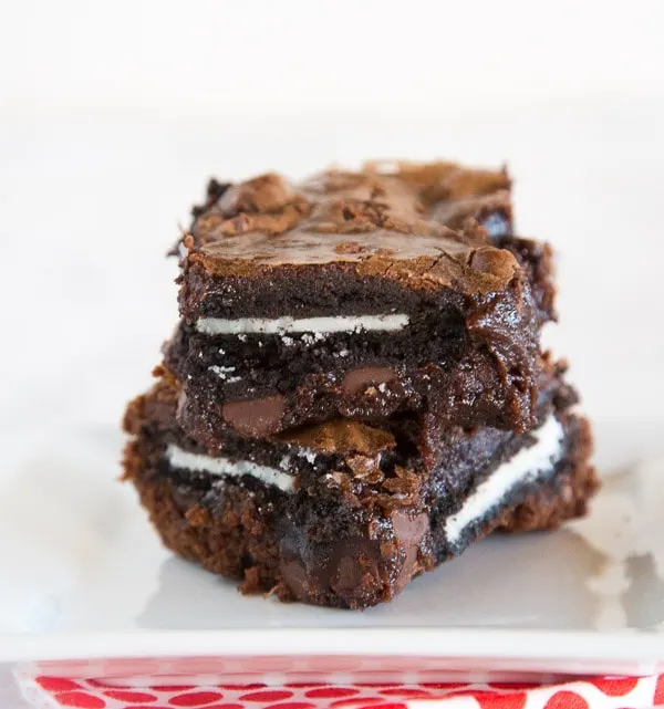 Oreo Brownies - fudge homemade brownies stuffed with Oreo cookies inside. Fudgy, gooey, chocolate-y perfection!