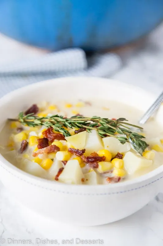 A bowl of potato corn chowder