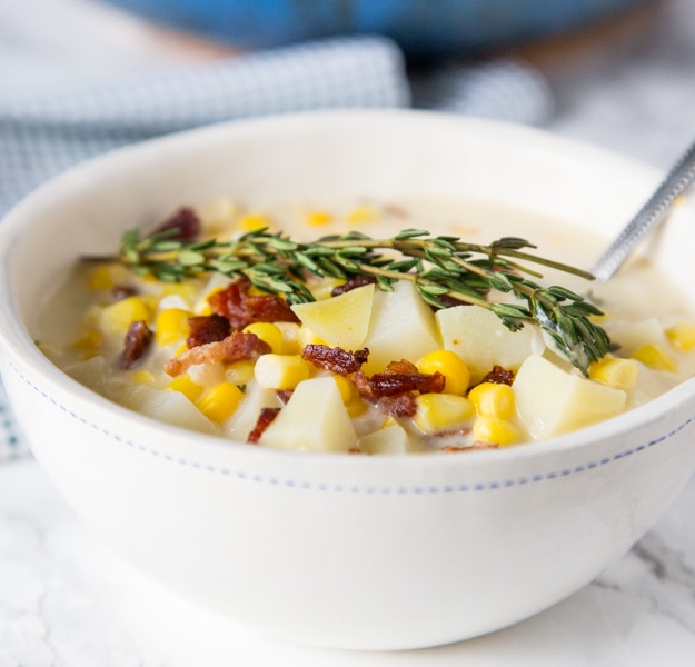 Potato Corn Chowder - a light and creamy corn chowder with lots of sweet corn, fresh thyme and tender potatoes. A warm and comforting soup you can make any night of the week!