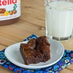 nutella brownie on white plate with glass of milk