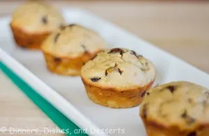 Peanut Butter Banana Chocolate Chip Muffins on white tray