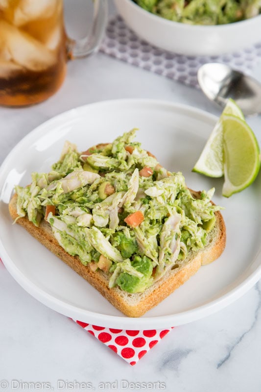 Toasted bread topped with chicken salad made with avocado and no mayo