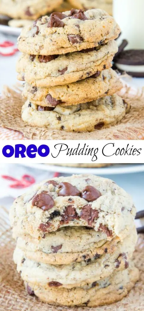 A stack of cookies on a plate, with Cookie and Pudding