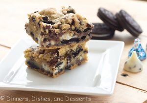 double cookies and cream kiss bars on a plate