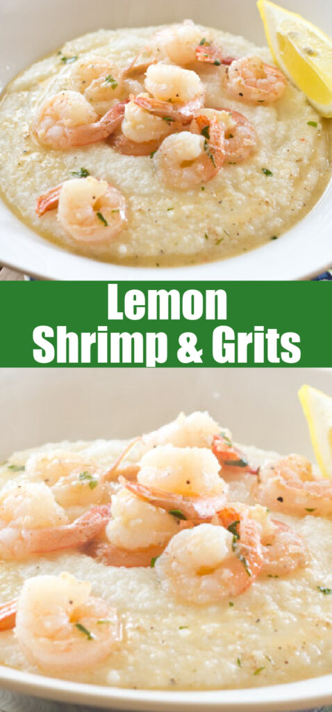 close up lemon shrimp over grits