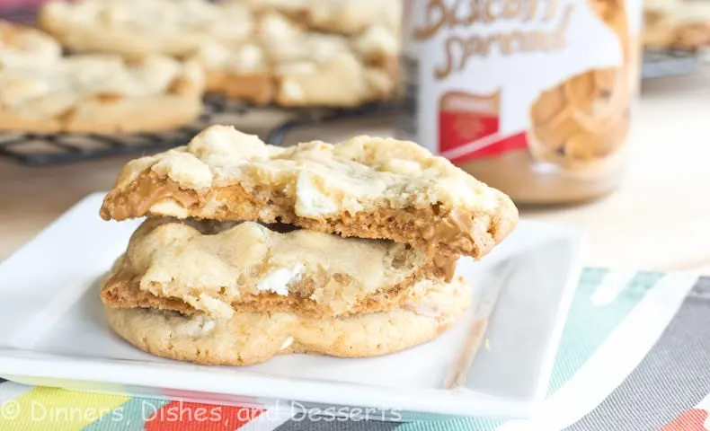 biscoff stuffed white chocolate chip cookies on a table