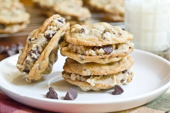 choco chip cookie dough sandwich cookies on a plate
