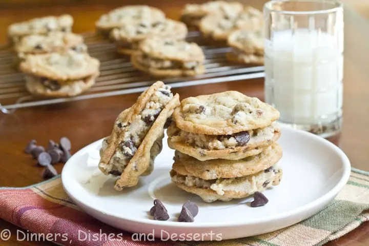 choco chip cookie dough sandwich cookies on a plate