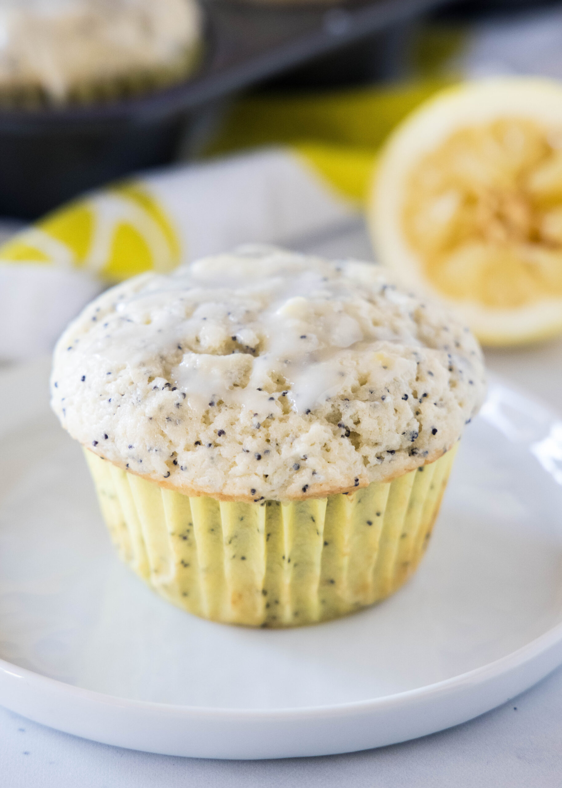 Close up of a lemon poppy seed muffin on a white plate.