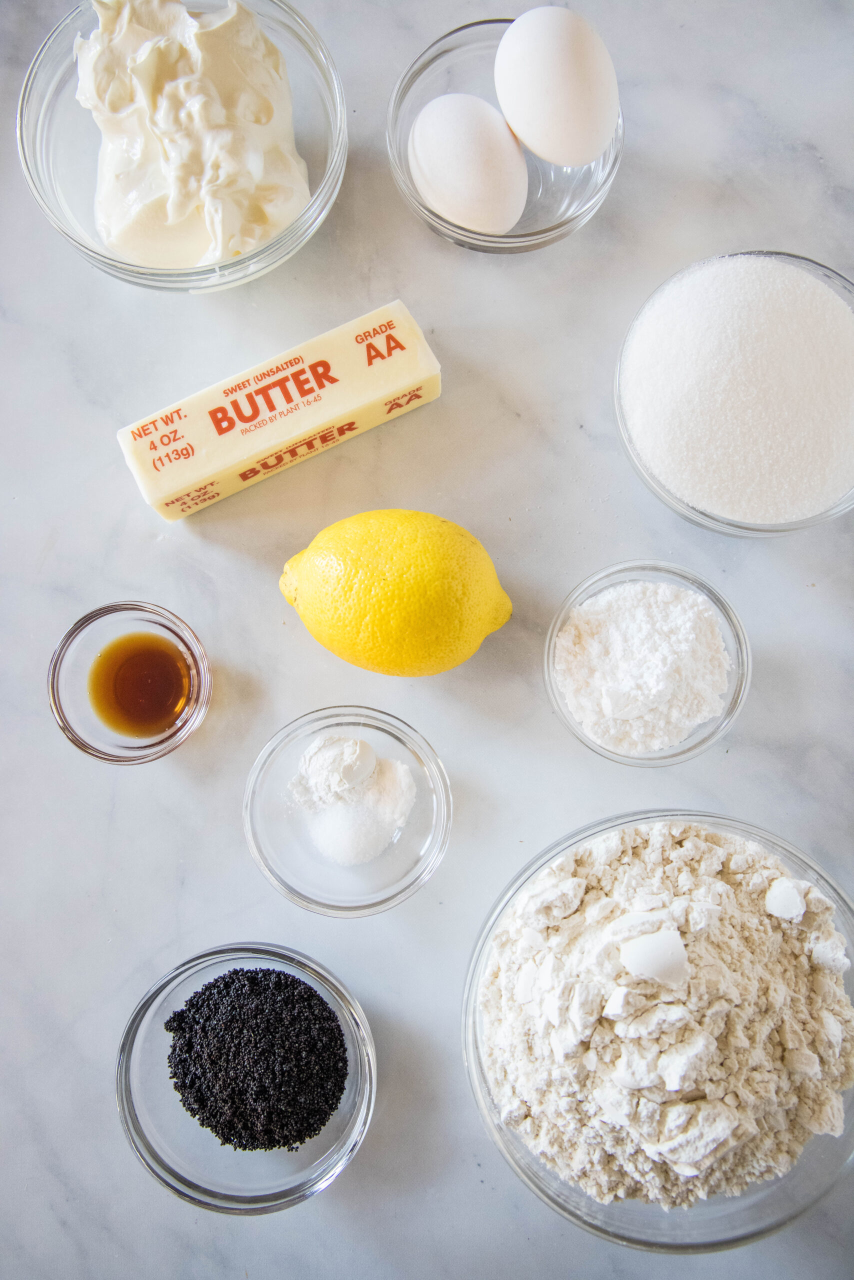 Ingredients for lemon poppy seed muffins.