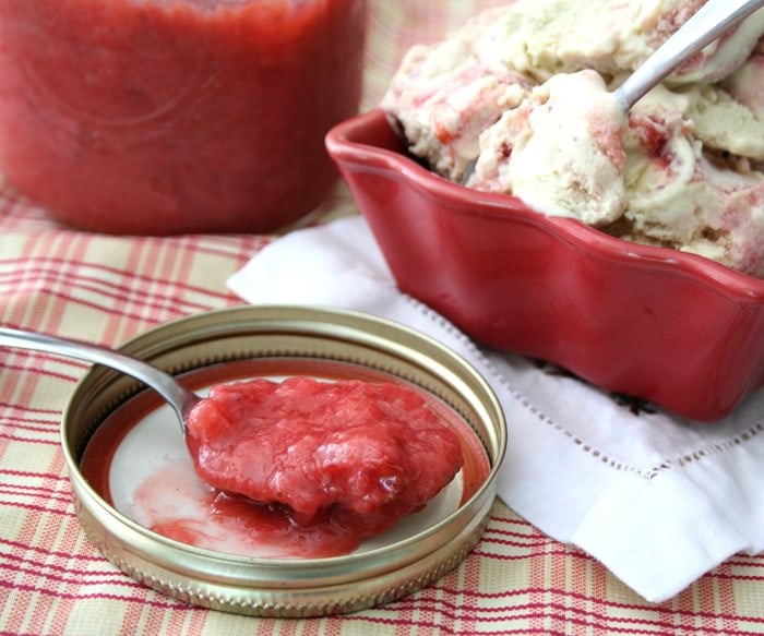 strawberry rhubarb swirl ice cream in a bowl