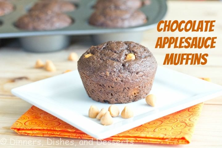 Chocolate Applesauce Muffins - Chocolate muffins with applesauce and Greek yogurt. They are actually healthy! I couldn't help it, and mixed in peanut butter chips to make it even better.