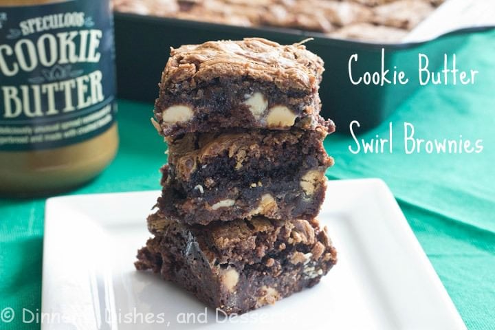 cookie butter swirl white chocolate chip brownies on a plate