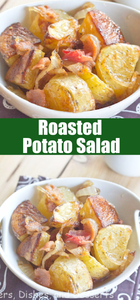 roasted potato salad close up in a white bowl