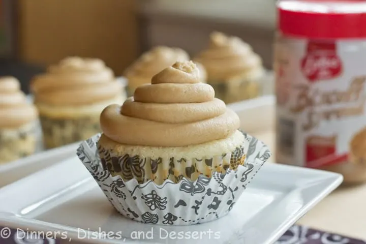 cookie dough cupcakes with biscoff frosting on a plate
