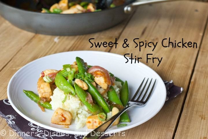 sweet and spicy chicken stir fry on a plate